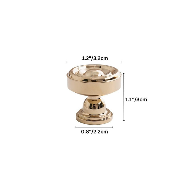 "Dimensions diagram of a brass cabinet knob with a tapered spindle design and intricate finials, showing measurements."
