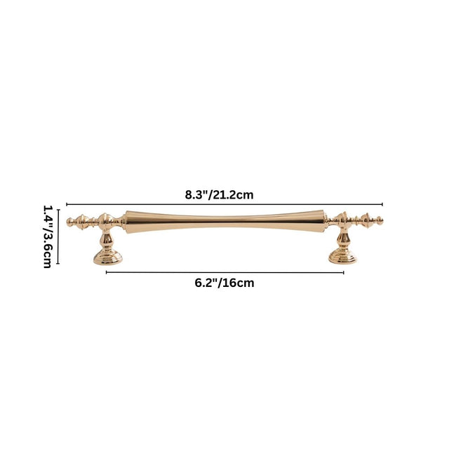 "Dimensions diagram of a brass pull bar with a tapered spindle design and intricate finials, showing measurements."