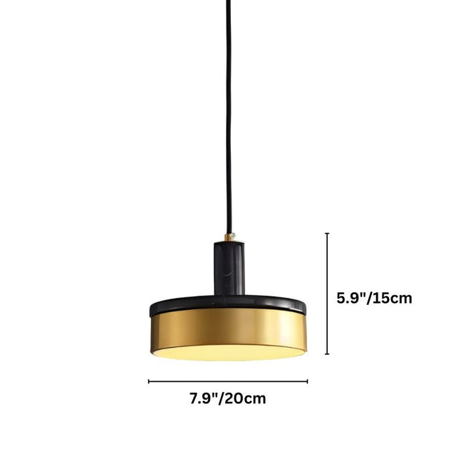 "Dimensions (5.9"/15cm height, 7.9"/20cm diameter) of a modern pendant light with black marble and brass accents on a white background."
