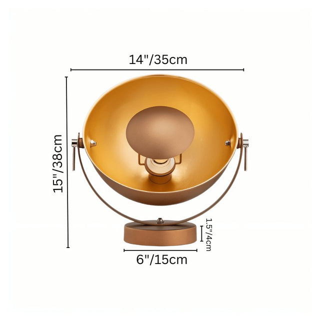 "iron table lamp with dome design, showing measurements of height, width, and base in centimeters and inches"