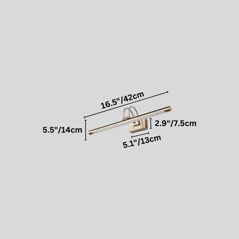 "A silver wall lamp with a linear LED bar and dual-arch mounting, 42cm in length, showing detailed dimensions in inches and centimeters on a grey background."