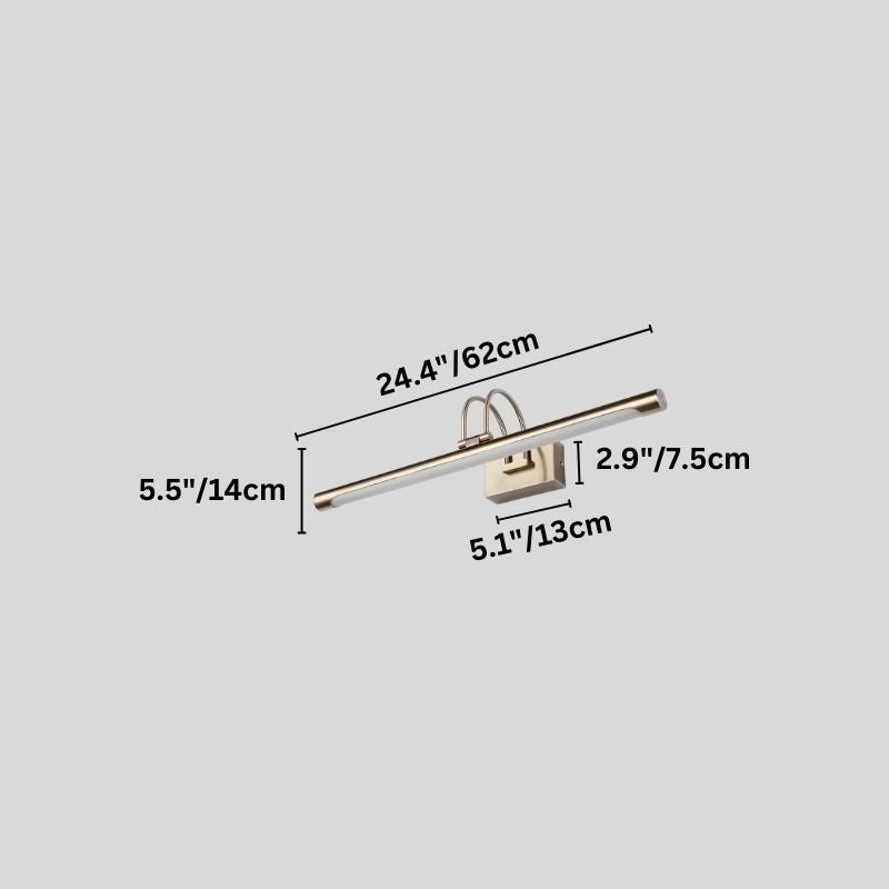 "A silver wall lamp with a linear LED bar and dual-arch mounting, 62cm in length, showing detailed dimensions in inches and centimeters on a grey background."