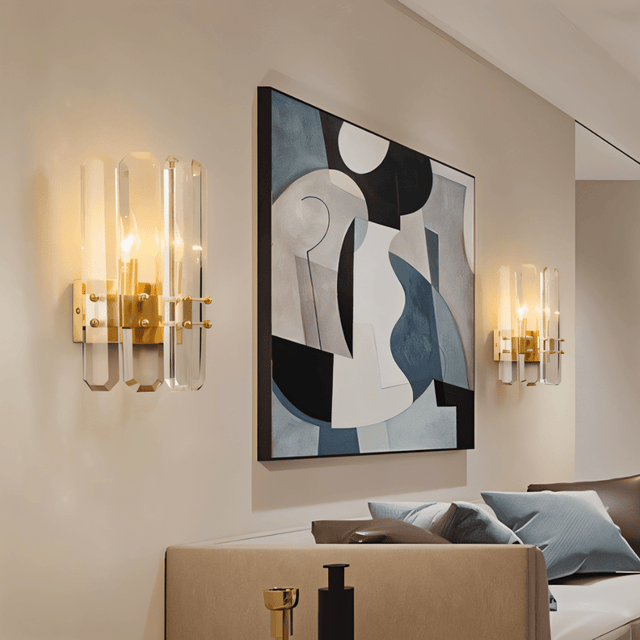 Lenvo Crystal Copper Wall Lights installed in a contemporary living space with abstract art, ideal for stylish interiors.