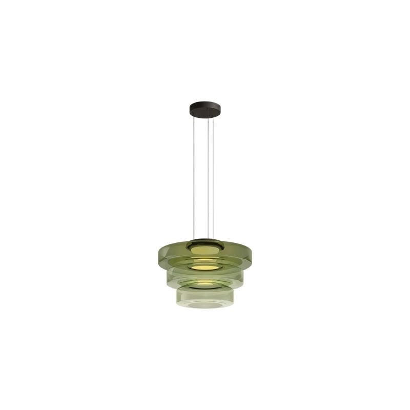 "A green glass disc pendant light with tiered design."