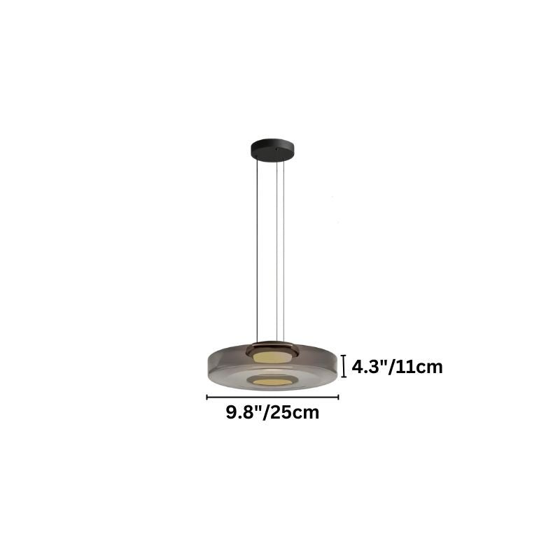 "A single glass disc pendant light with dimensions shown."