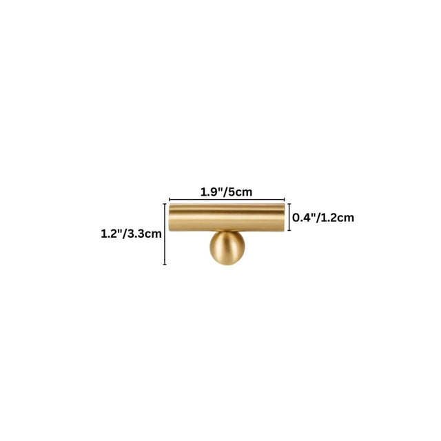 "Dimensions of a gold brass knob and pull bar: 1.9 inches in length, 1.2 inches in height, and 0.4 inches in thickness."
