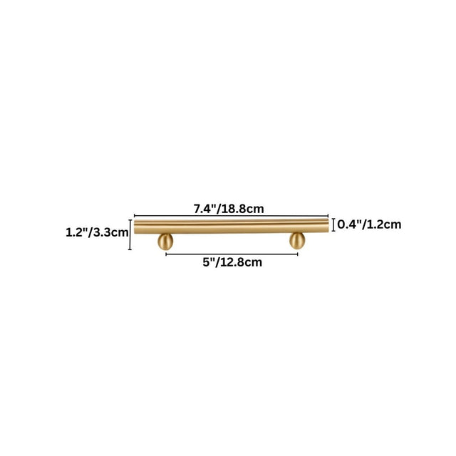 "Dimensions of a gold brass pull bar: 7.4 inches in length, 1.2 inches in height, 5 inches in center-to-center hole spacing, and 0.4 inches in thickness."