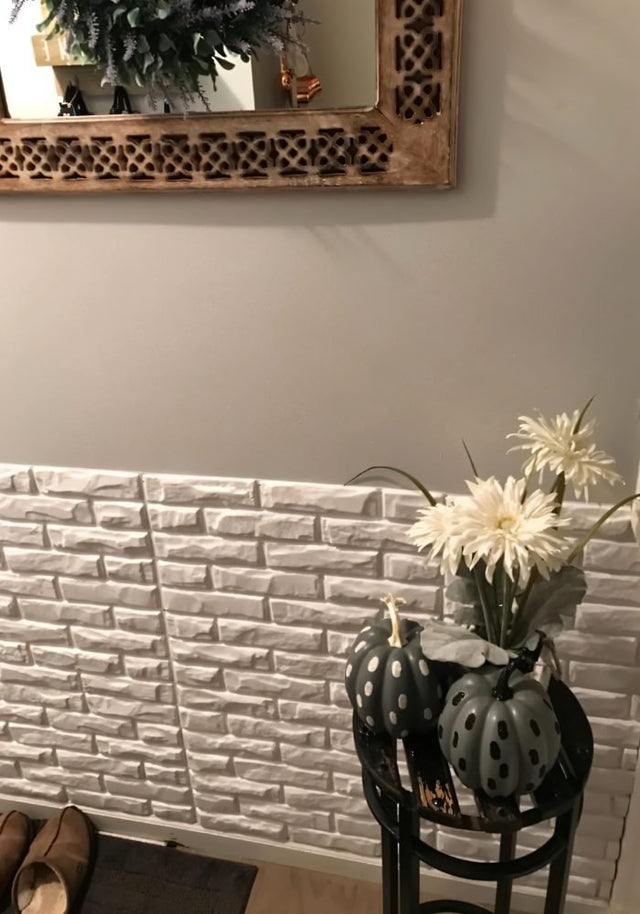Libtu Wall Panel used as partial wall decor in a hallway, highlighting its realistic white brick design and PVC material.