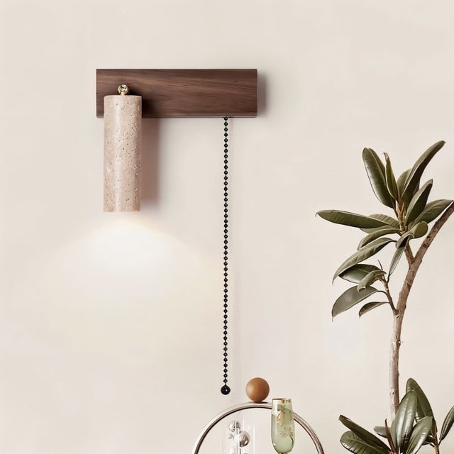 "Lindr wall-mounted lamp in an office space, designed with travertine and walnut, offering ambient lighting."