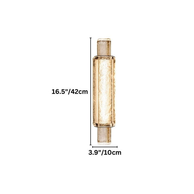 "Dimensions of a small modern cylindrical wall lamp featuring metal and textured crystal."