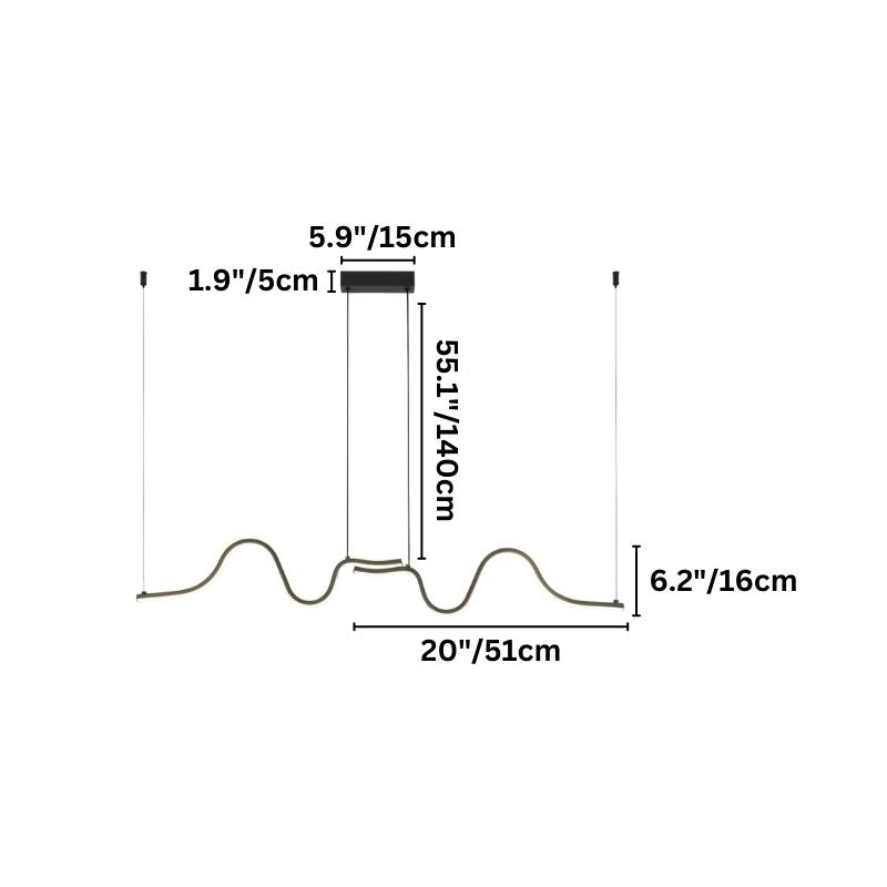 "A diagram showing the dimensions of a wave-like pendant light, including length, width, and height in inches and centimeters."