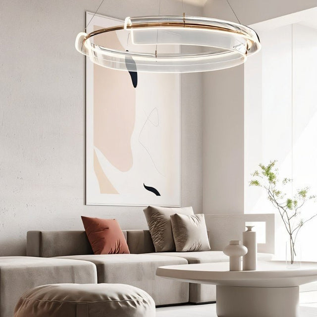 "A modern asymmetric dual-ring LED chandelier with iron and acrylic in a contemporary interior."