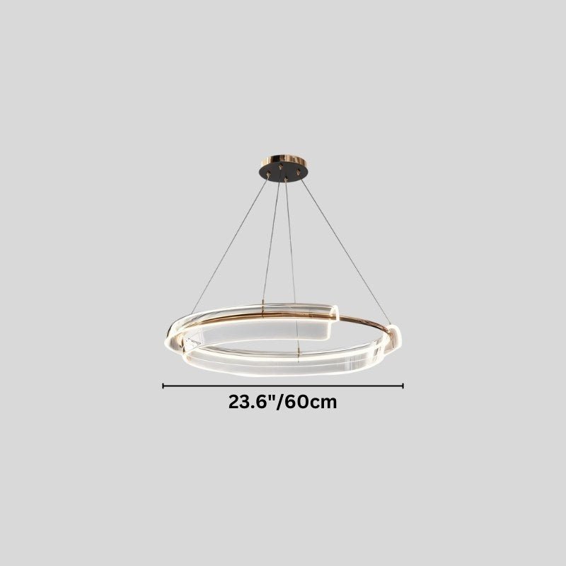 "A small asymmetric dual-ring LED chandelier with iron and acrylic, showing product dimensions."