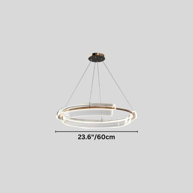 "A small asymmetric dual-ring LED chandelier with iron and acrylic, showing product dimensions."