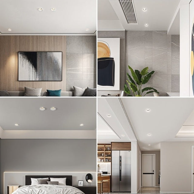 "Collage of multiple interior spaces showcasing Loux Trimless Downlights, seamlessly integrated into the ceiling, crafted from gypsum and aluminum for a clean, minimalist look."