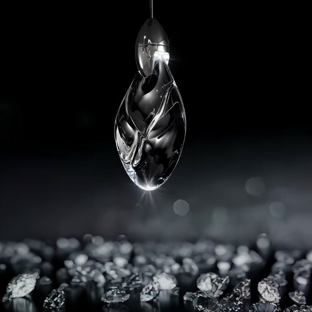 "Close-up of a uniquely shaped crystal droplet pendant light, showcasing its elegant design and the way it diffuses light."