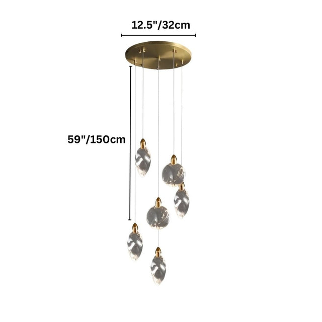 "Dimensions of the Lufina pendant light: 12.5 inches (32cm) in canopy width and 59 inches (150cm) maximum drop height, featuring uniquely shaped crystal droplets."