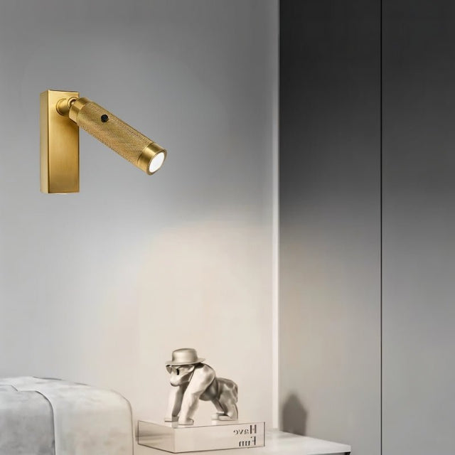 "Wall-mounted modern bedside reading lamp with adjustable light direction, featuring a textured polished metal design and USB connection, placed beside decor items."