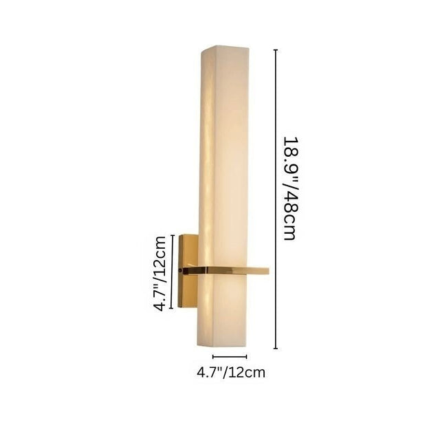 "Wall lamp with an alabaster shade and brass accents, showing product dimensions of 18.9 inches in height and 4.7 inches in width"