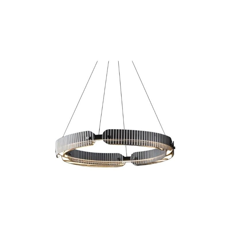 "A modern, circular chandelier with a segmented ring design, made of iron and glass, suspended by thin cables."