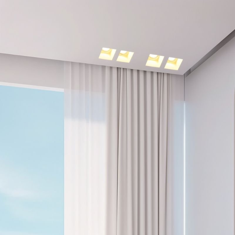 "Trimless recessed downlights made from gypsum and aluminum, seamlessly integrated into the ceiling of a modern living space, providing efficient and focused illumination."
