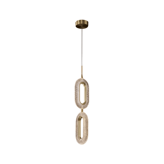 Double oval Luxin Pendant Light in copper and acrylic, shown isolated with integrated LED and brass ceiling mount for modern interiors.