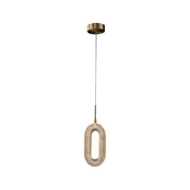 Isolated view of Luxin Pendant Light featuring a single oval LED ring in copper and acrylic, suspended from a brass ceiling mount.