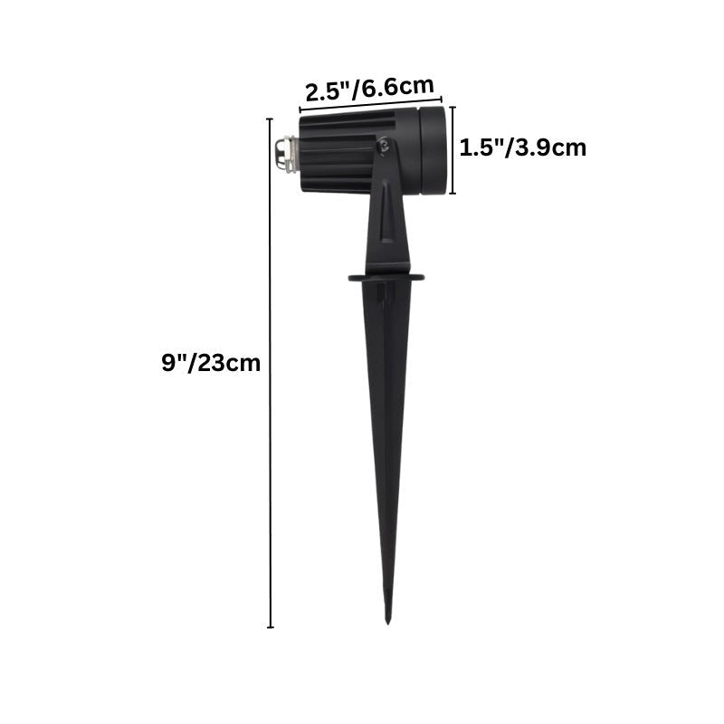 "Diagram showing dimensions of a spike-mounted outdoor spotlight with adjustable head."