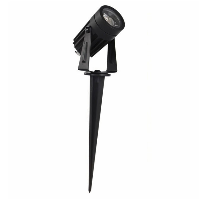 "Angled view of an outdoor spotlight with spike mount, aluminum body, and adjustable head."