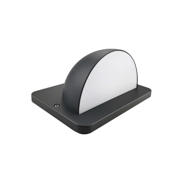 "A modern, dome-shaped outdoor wall lamp with a square base and PC diffuser, isolated on a white background."