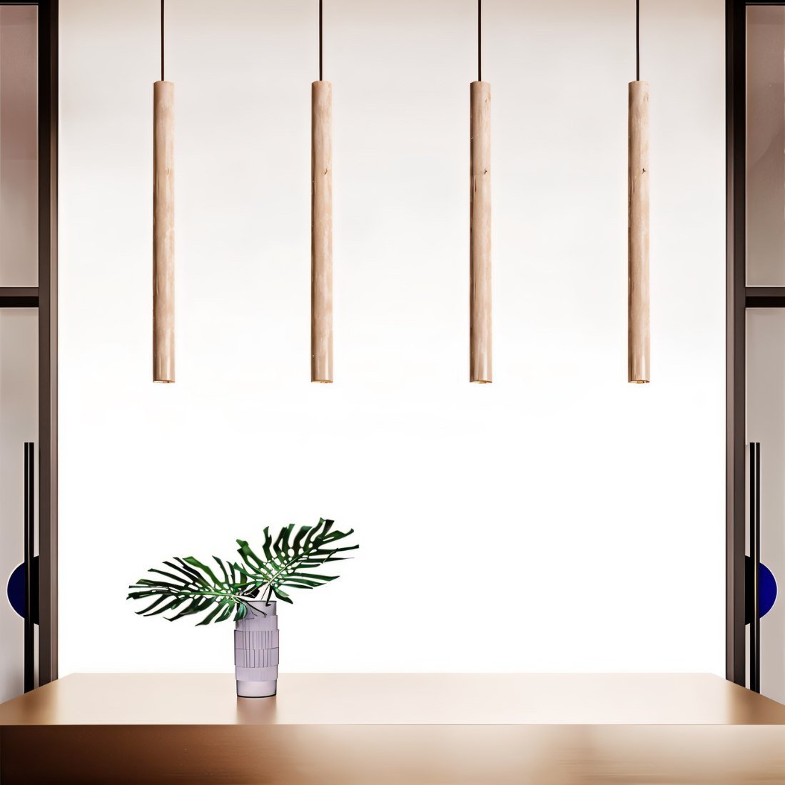 Marus Pendant Light - Open Box | Sleek Travertine Fixture in a dining area, showcasing minimalist design with warm, natural tones.