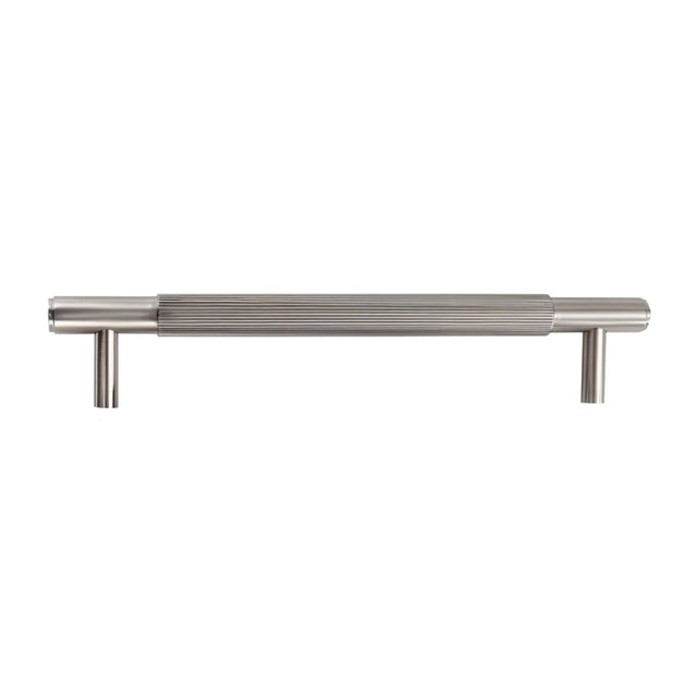 "Modern brushed nickel finish brass knurled pull bar for cabinets or drawers on a white background."