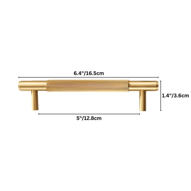 "Dimensions of a modern gold brass knurled pull bar, showing 6.4 inches in length, 1.4 inches in height, and 5 inches in center-to-center width."