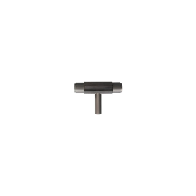"Modern brushed nickel brass knurled T-bar knob on a white background."