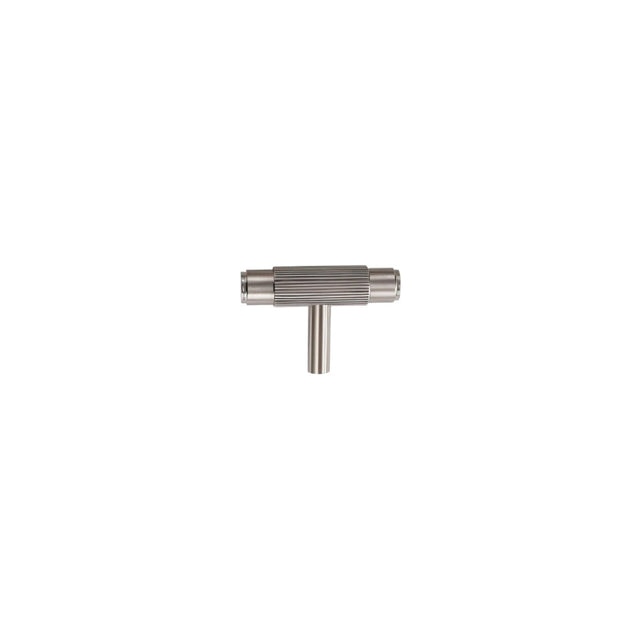 "Modern chrome finish brass knurled T-bar knob on a white background."