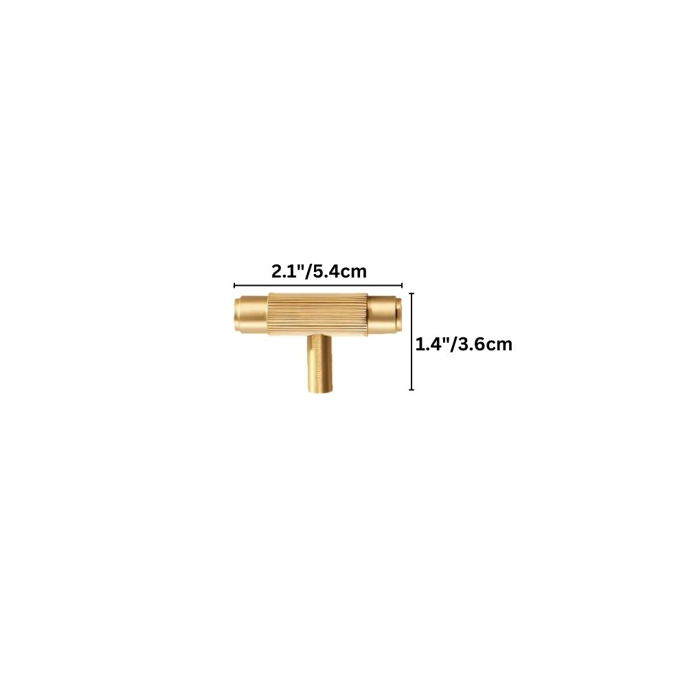 "Dimensions of a modern brass knurled T-bar knob, showing 2.1 inches in width and 1.4 inches in height."