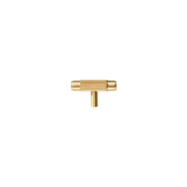 "Modern gold brass knurled T-bar knob on a white background."