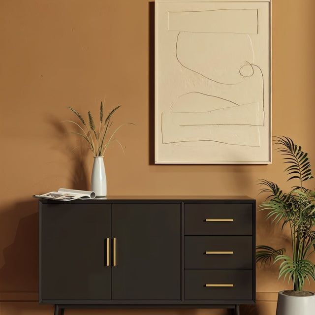 "Modern minimalist storage unit with dark gray doors and sleek geometric brass pull bars."