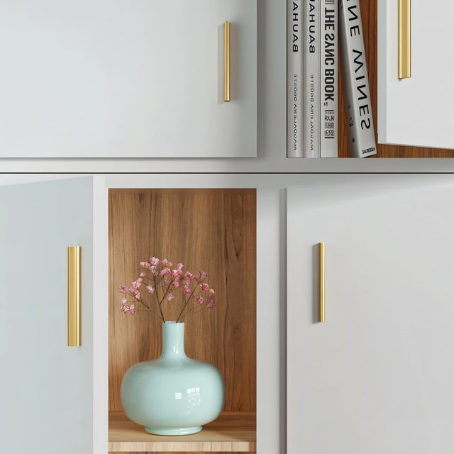 "Modern minimalist storage unit with dark gray doors and sleek geometric brass pull bars."