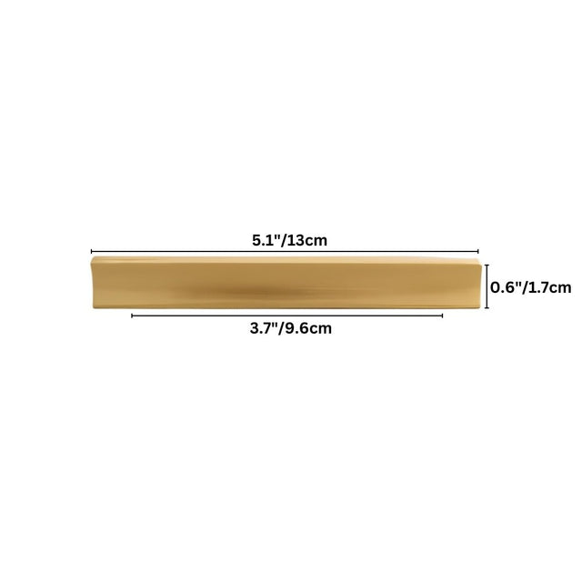 "Diagram showing dimensions of a minimalist brushed brass pull bar for cabinetry."