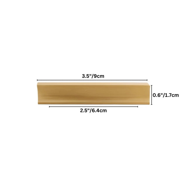 "Detailed diagram of a brushed brass pull bar with measurements, suitable for cabinetry."