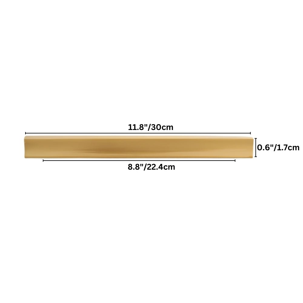 "Dimensions of a sleek, brushed brass pull bar for modern cabinetry."