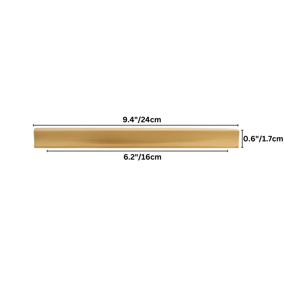 "Dimensions of a sleek, brushed brass pull bar for modern cabinetry."