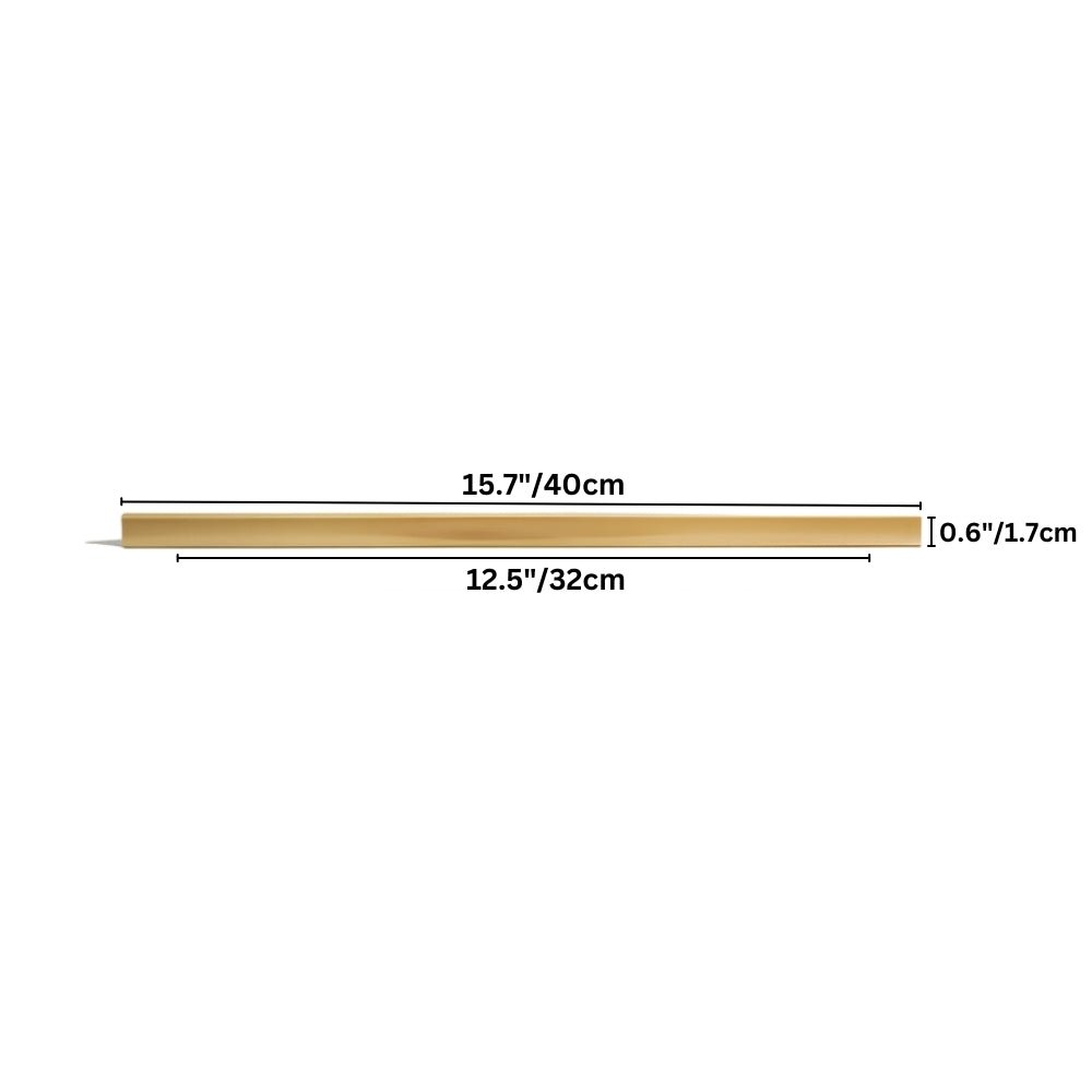 "Dimensions of a sleek, brushed brass pull bar for modern cabinetry."