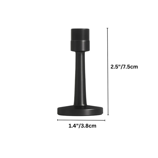 "Dimensions of a sleek, cylindrical zinc-alloy door stop with a wall-mounted base and extended arm, designed to prevent doors from hitting walls in modern interiors."