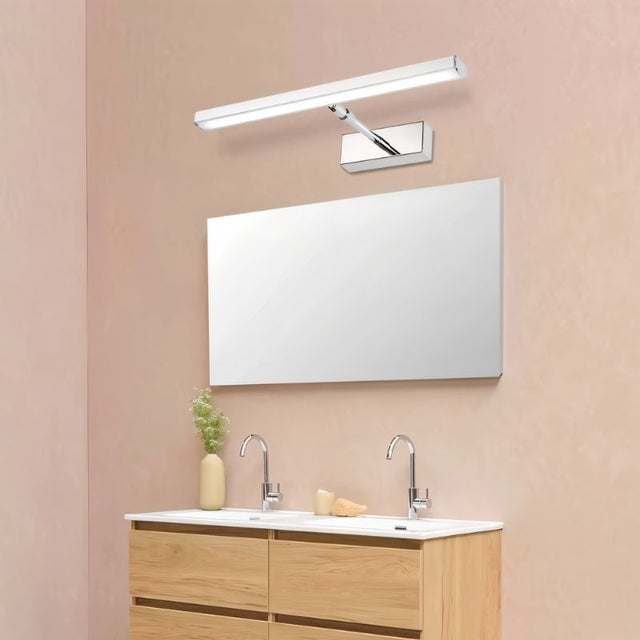 "A modern bathroom featuring a sleek vanity and mirror, illuminated by a stylish Mirvia Wall Lamp for optimal grooming light."