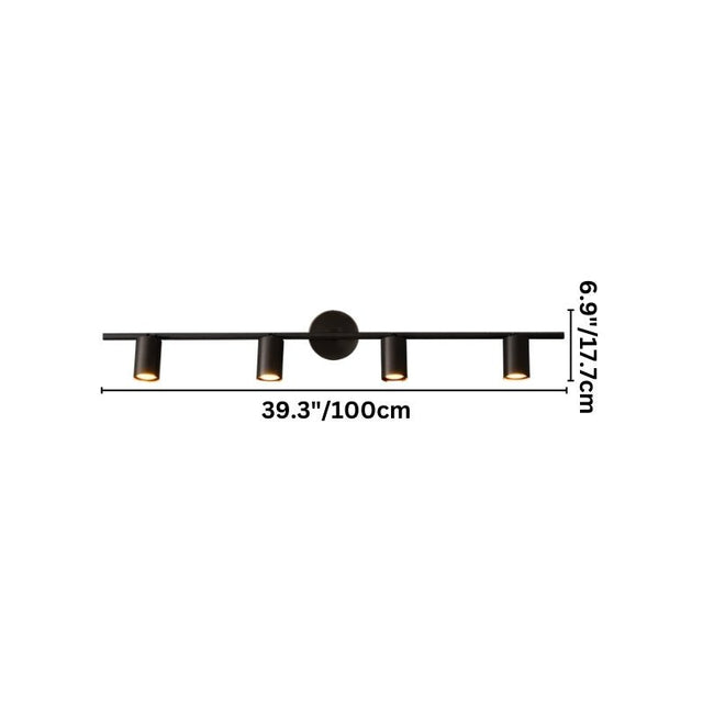 "Dimensions of a modern black bathroom vanity light with four adjustable heads, showing a width of 39.3 inches and a depth of 6.9 inches."
