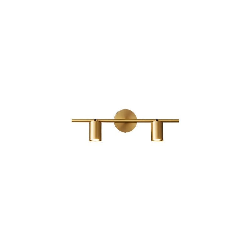 "A modern brass bathroom vanity light with two adjustable heads mounted on a circular base, isolated on a white background."