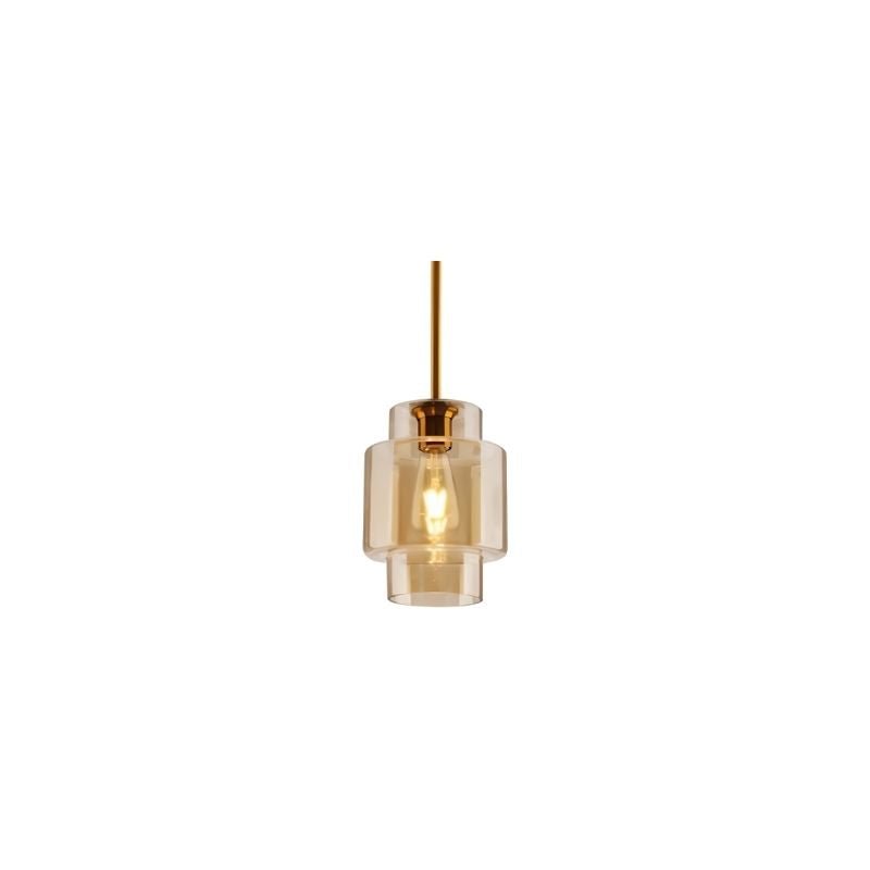 "An amber glass pendant light in a cylindrical shape, suspended by a thin rod."