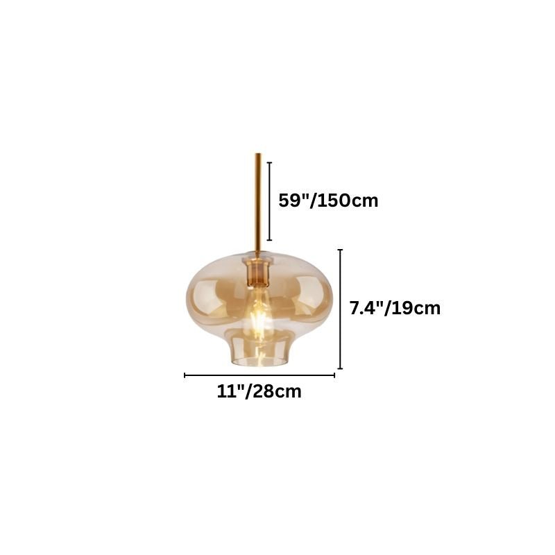"An amber glass pendant light in a flat onion shape, showing dimensions of 59 inches, 7.4 inches, and 11 inches."